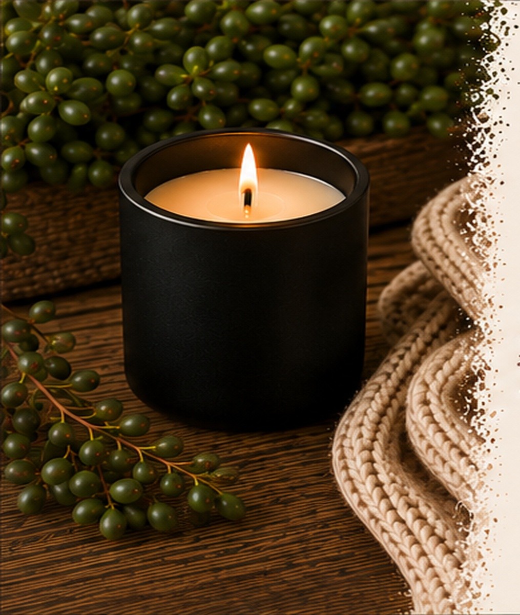 A lit Amber's Embers soy candle on a wooden table surrounded by greenery and a cozy knit blanket