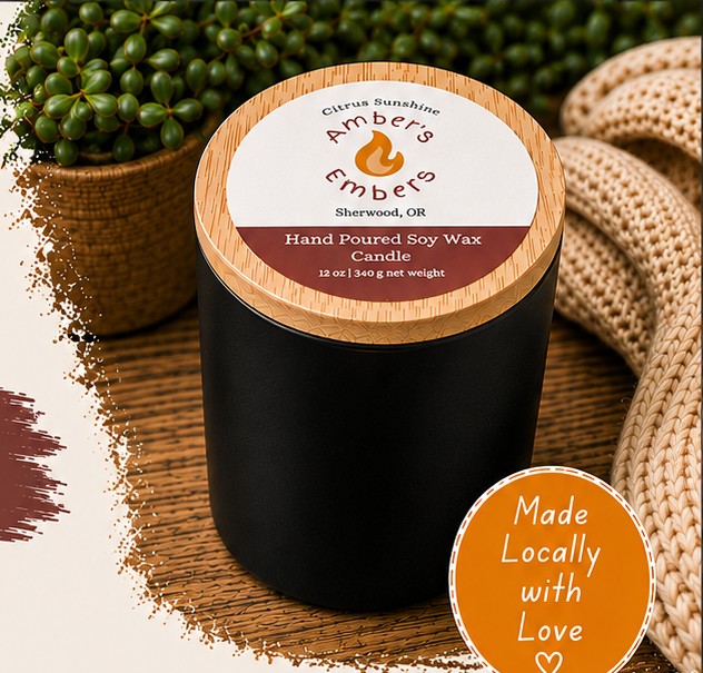 Amber's Embers 12 oz hand poured soy wax candle with wooden lid, Citrus Sunshine scent shown