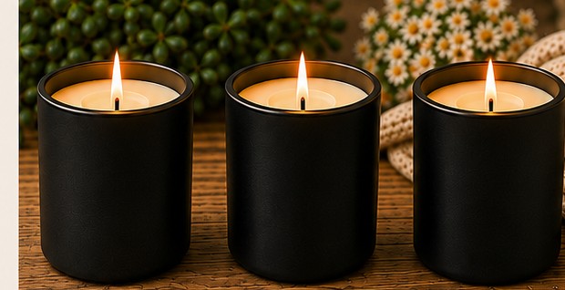 Three lit Amber's Embers candles side by side on a wooden table
